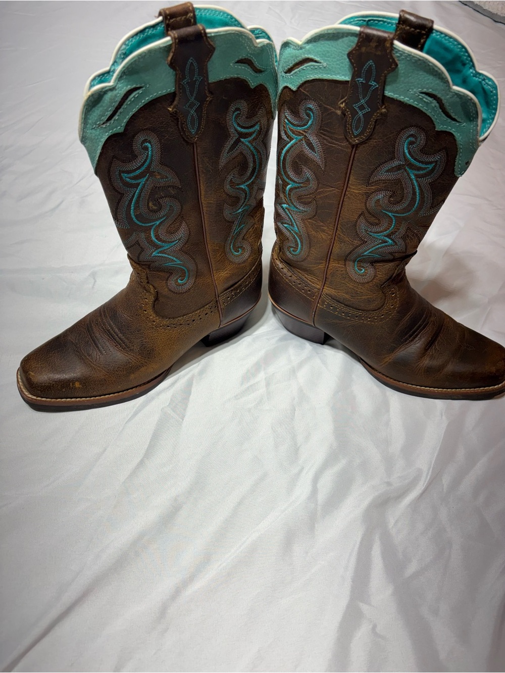 Justin Women's Western Boots 8.5 B Brown Leather Square Toe Cowgirl Teal Stitch